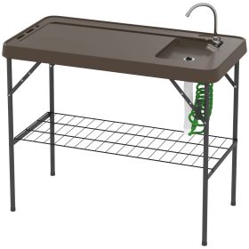Folding Fish Cleaning Table With Sink, Portable Camping Table With Faucet, Drainage Hose, Sprayer And Shelf, Tan (Color: Black)
